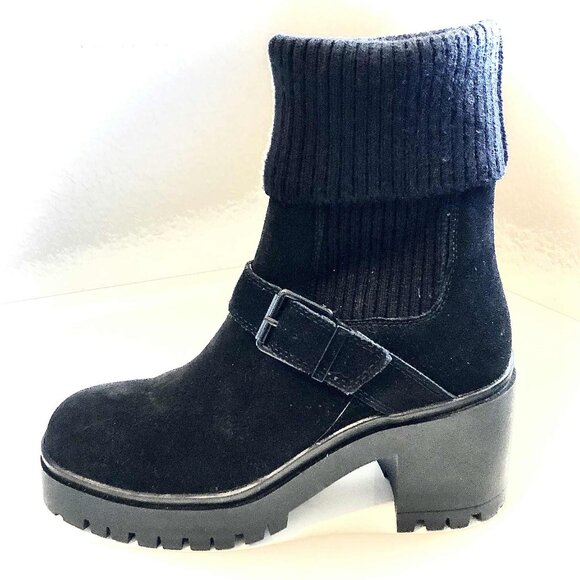 NWT BLONDO Remi Waterproof Blk Suede Knit Platform Ankle Bootie Block Heel 6.5 - Picture 1 of 9